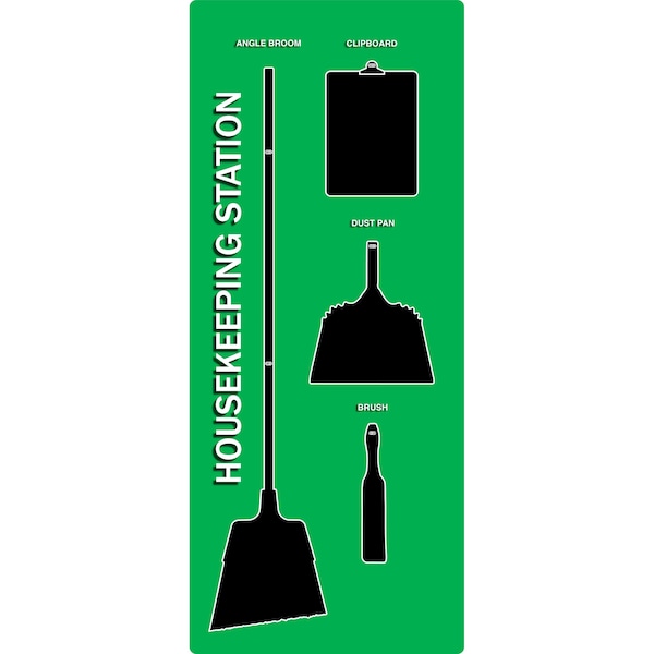 5S Housekeeping Shadow Board Broom Station Version 13 - Green Board / Black Shadows  With Broom